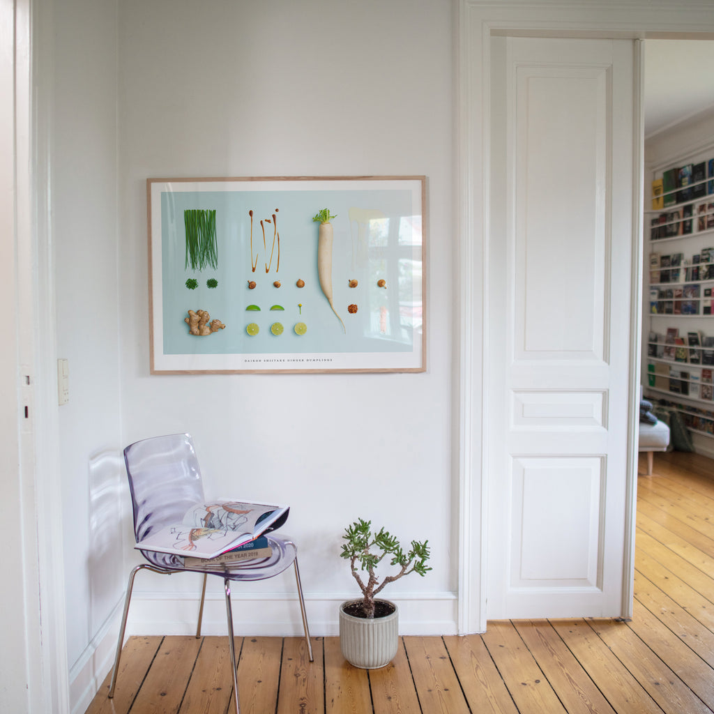 Daikon Ginger Shiitake Dumplings art print in room with chair and plant