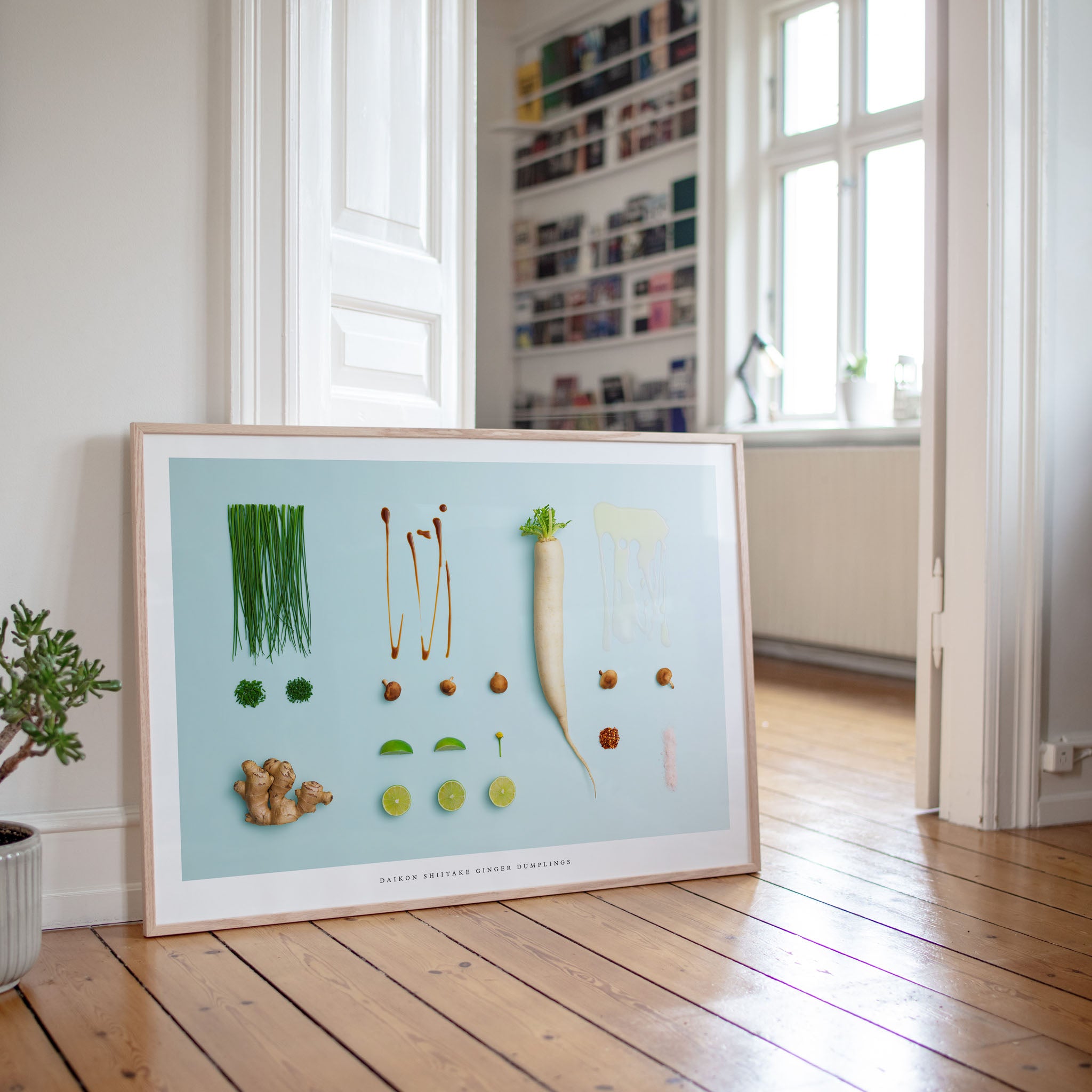 Daikon Ginger Shiitake Dumplings botanical art print on wooden floor with window