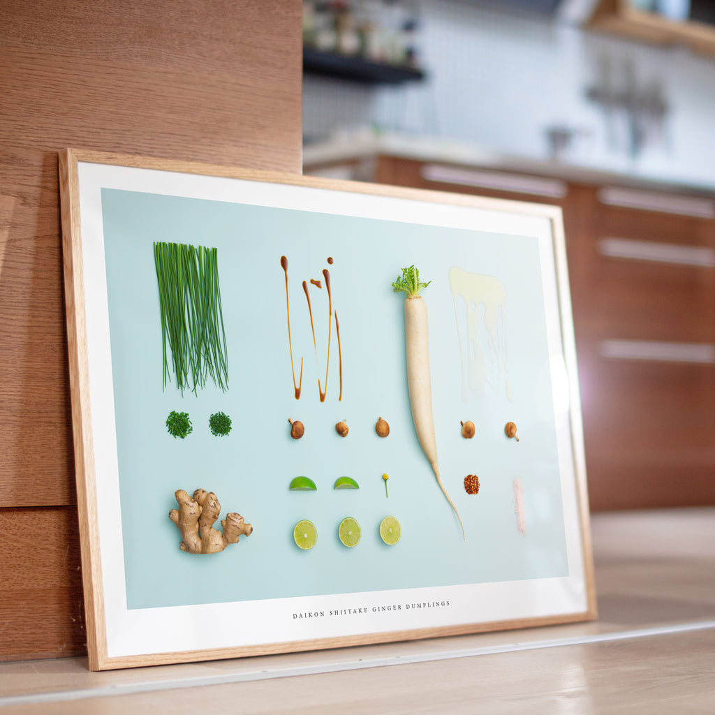 Daikon Ginger Shiitake Dumplings poster on kitchen floor