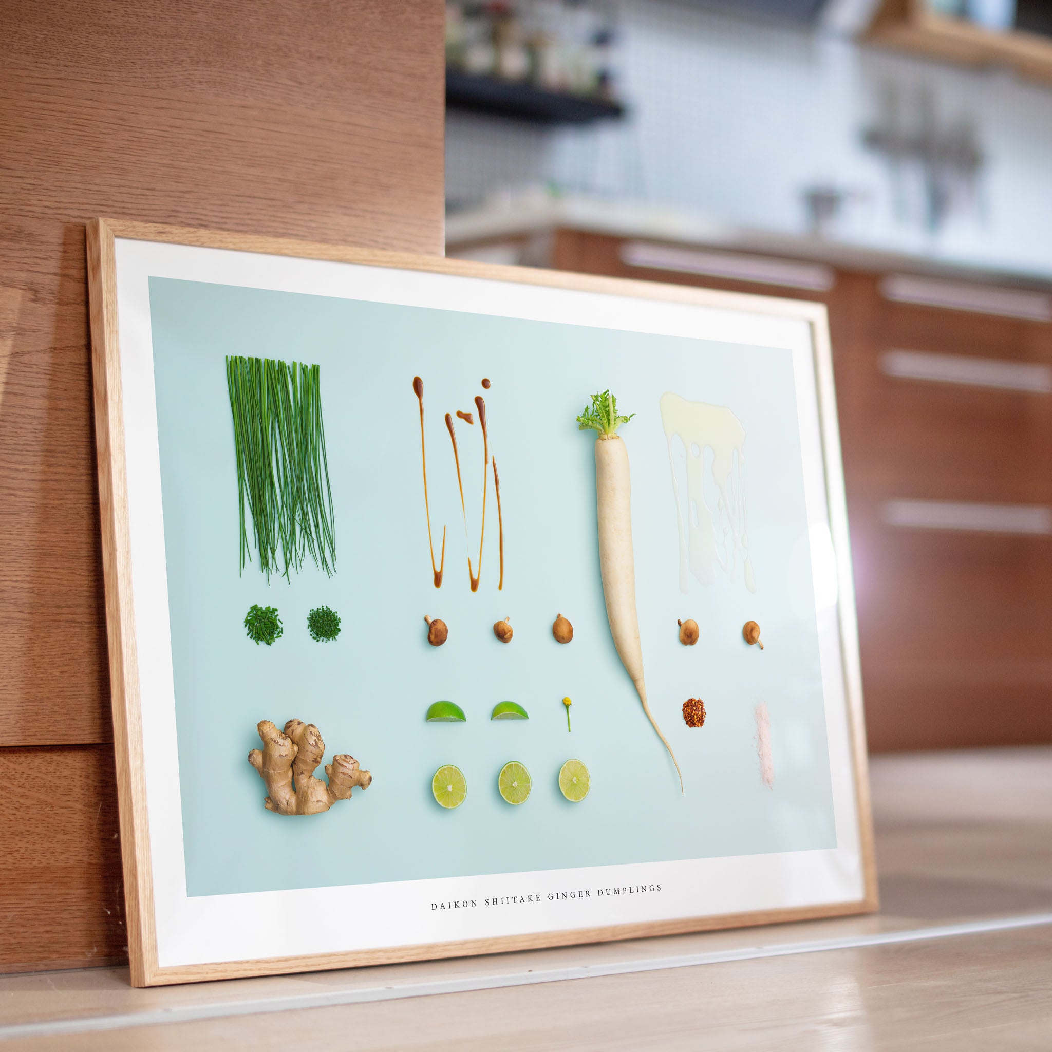 Daikon Ginger Shiitake Dumplings poster on kitchen floor