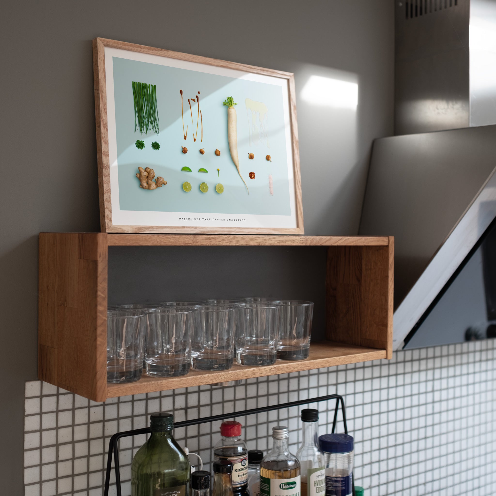Daikon Ginger Shiitake Dumplings poster on wooden kitchen shelf with tiled wall