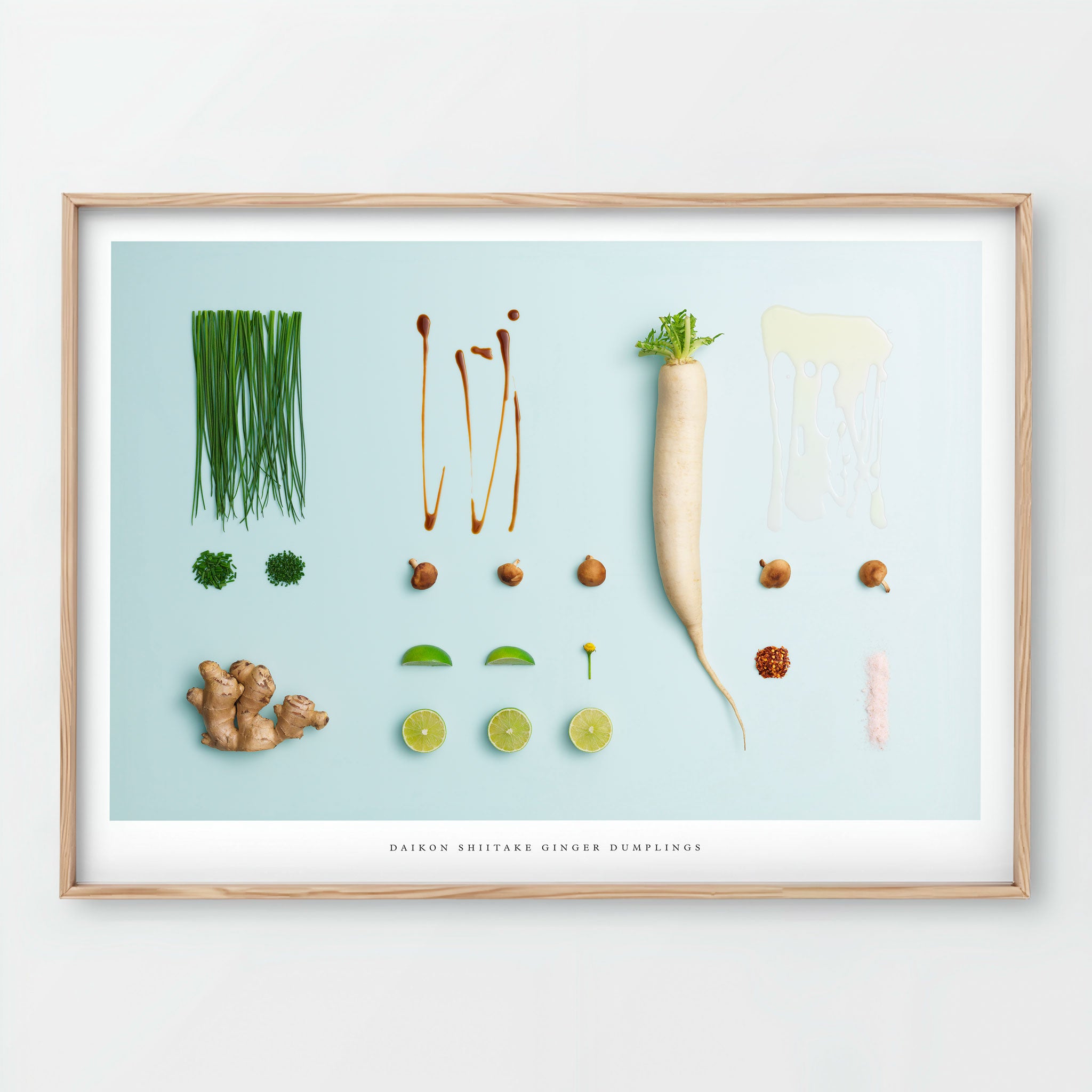 Daikon Ginger Shiitake Dumplings Giclée art print - food ingredients on light blue background