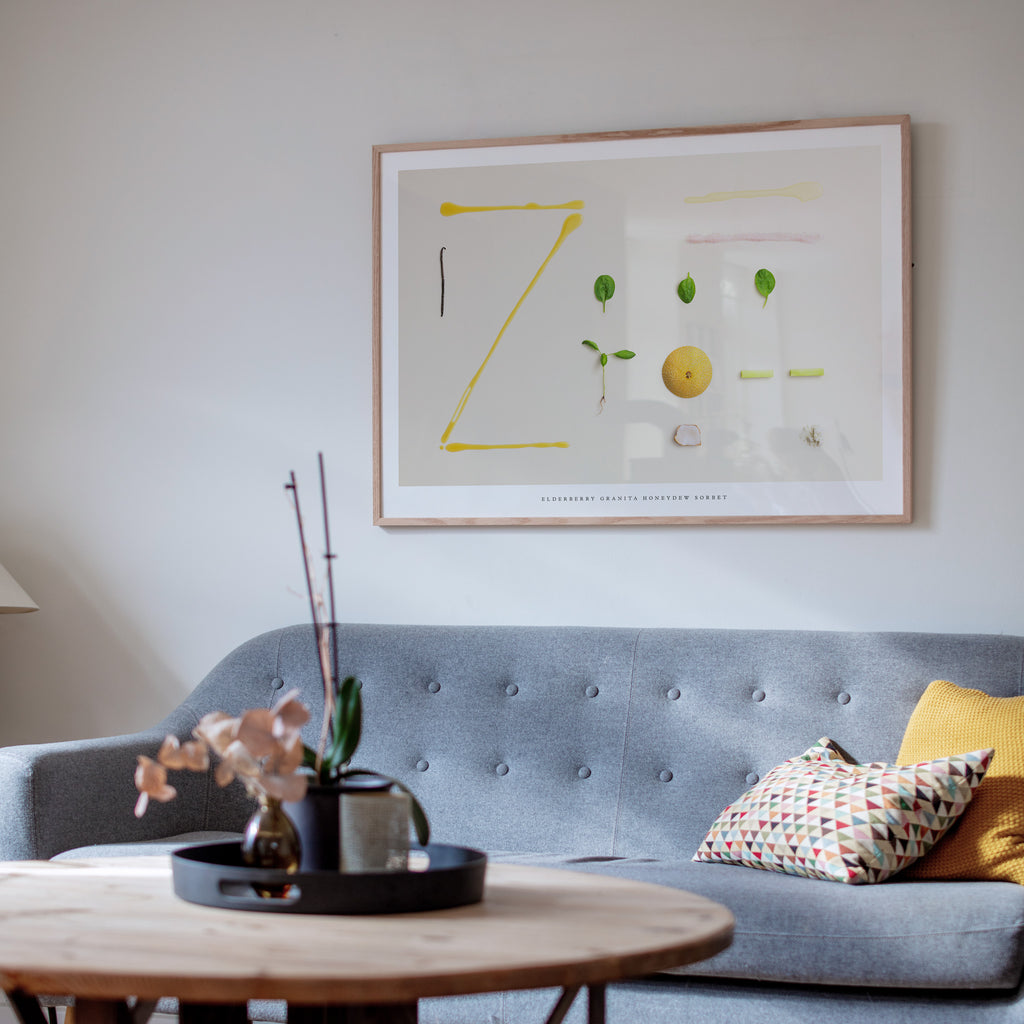Elderberry Granita Honeydew Sorbet art print in living room with gray sofa