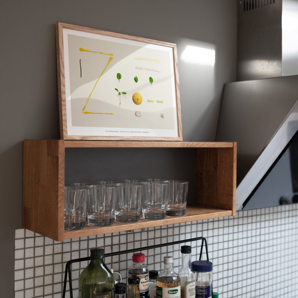 Elderberry Granita Honeydew Sorbet art print on wooden kitchen shelf with tiled wall