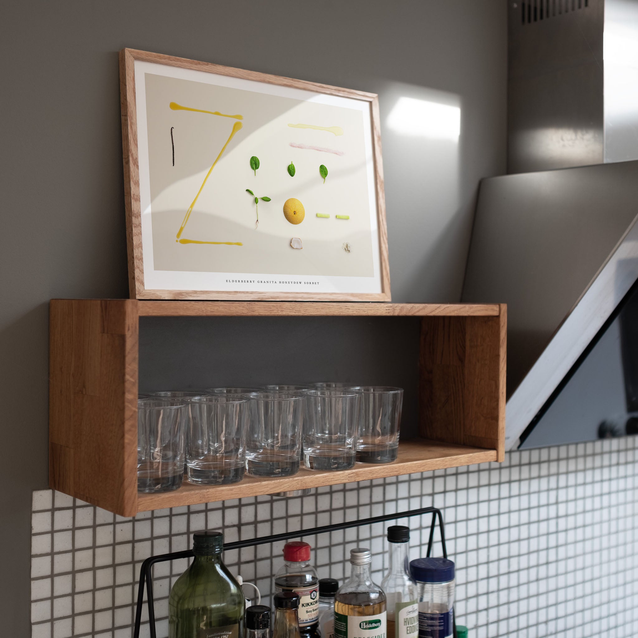 Elderberry Granita Honeydew Sorbet art print on wooden kitchen shelf with tiled wall