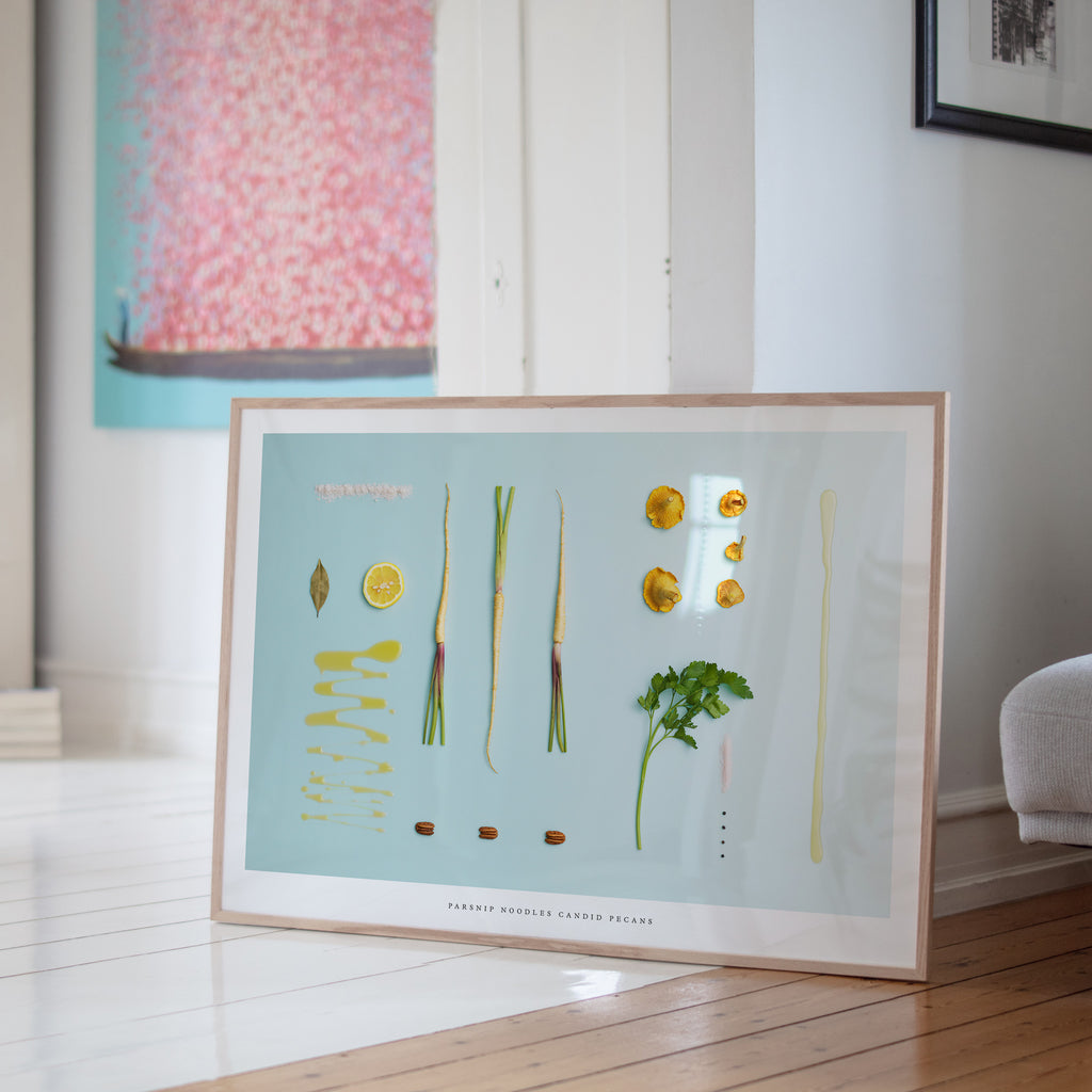 Parsnip Noodles Candid Pecans art print on floor in minimalist interior