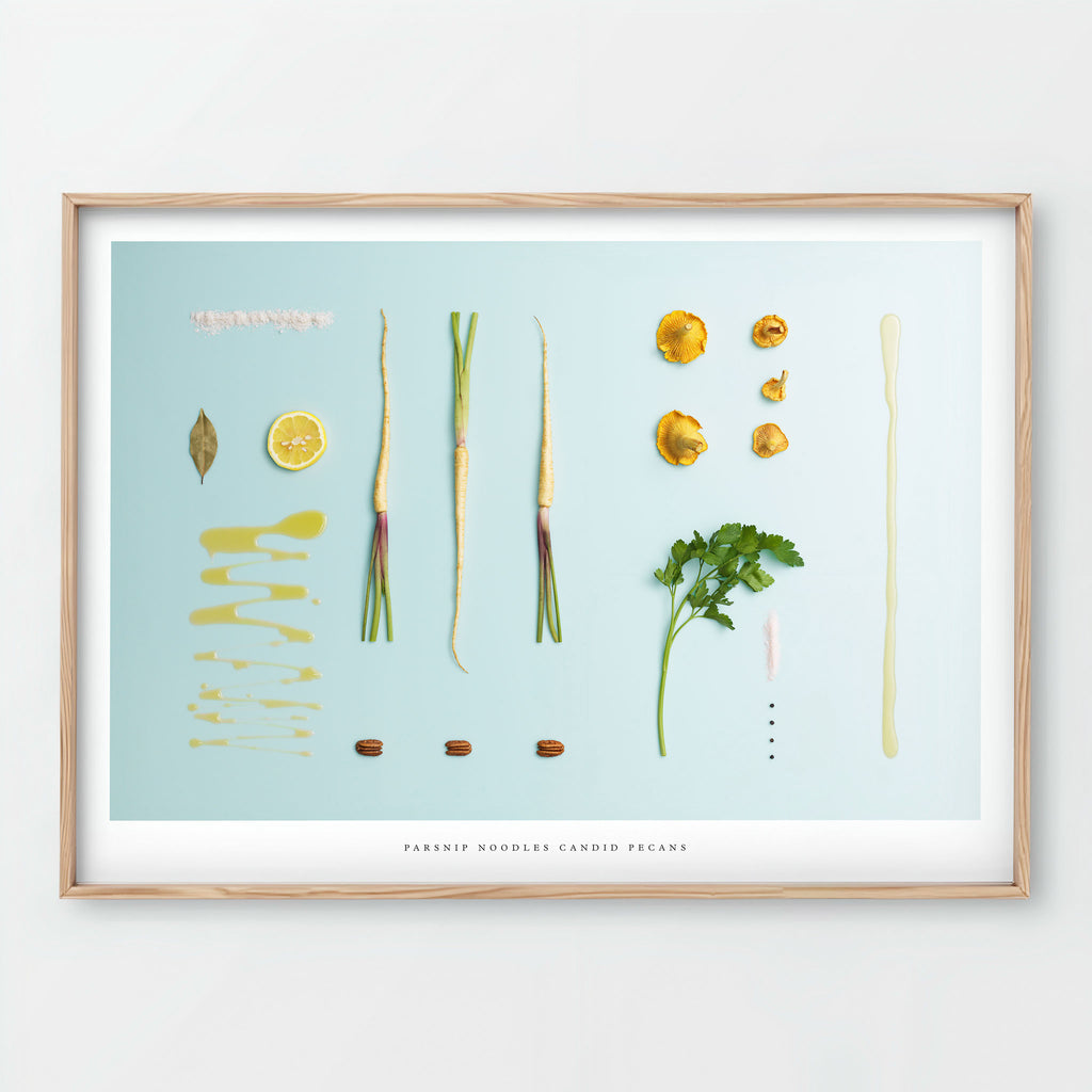 Parsnip Noodles Candid Pecans Giclée art print - botanical illustration on light blue background