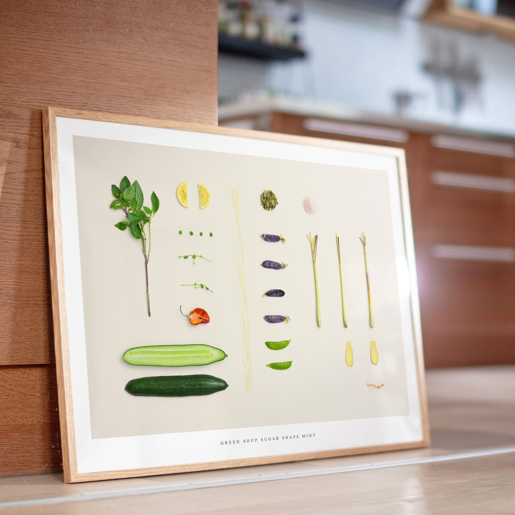 Green Soup Sugar Snaps Mint poster on kitchen counter