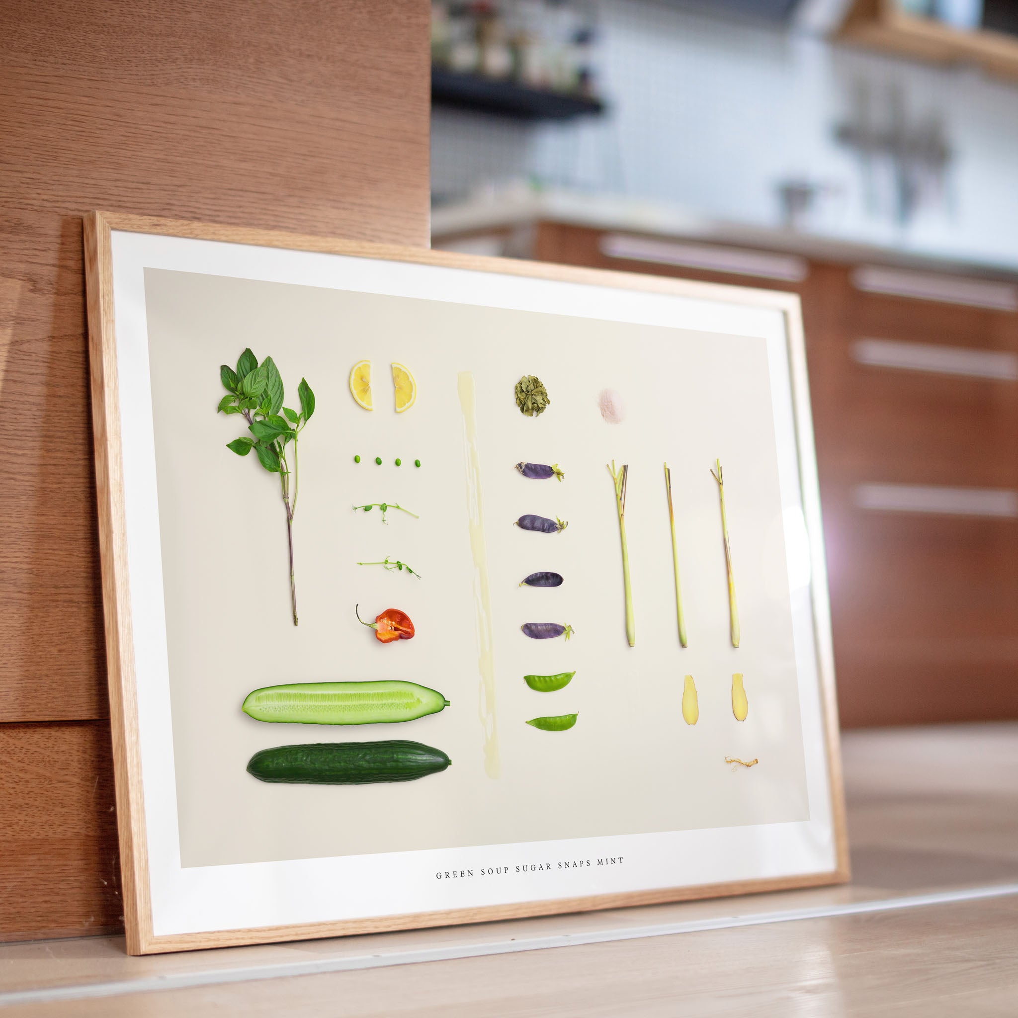 Green Soup Sugar Snaps Mint poster on kitchen counter