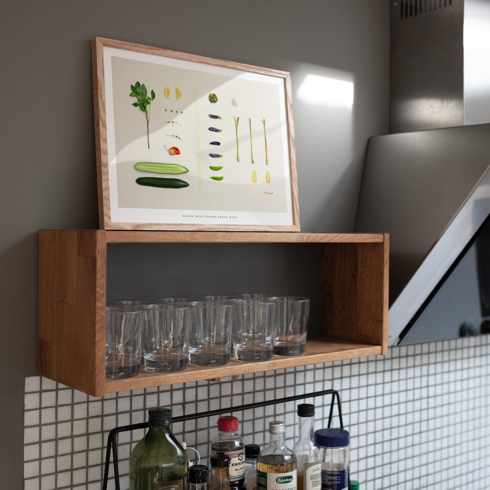 Green Soup Sugar Snaps Mint art print on wooden kitchen shelf with tiled wall