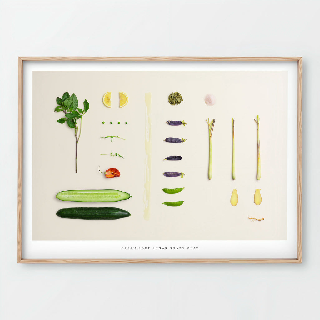 Green Soup Sugar Snaps Mint Giclée art print - vegetable ingredients on beige background