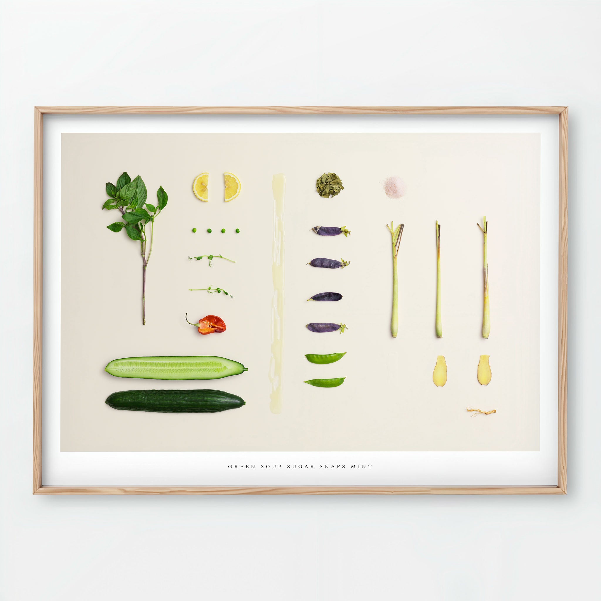 Green Soup Sugar Snaps Mint Giclée art print - vegetable ingredients on beige background