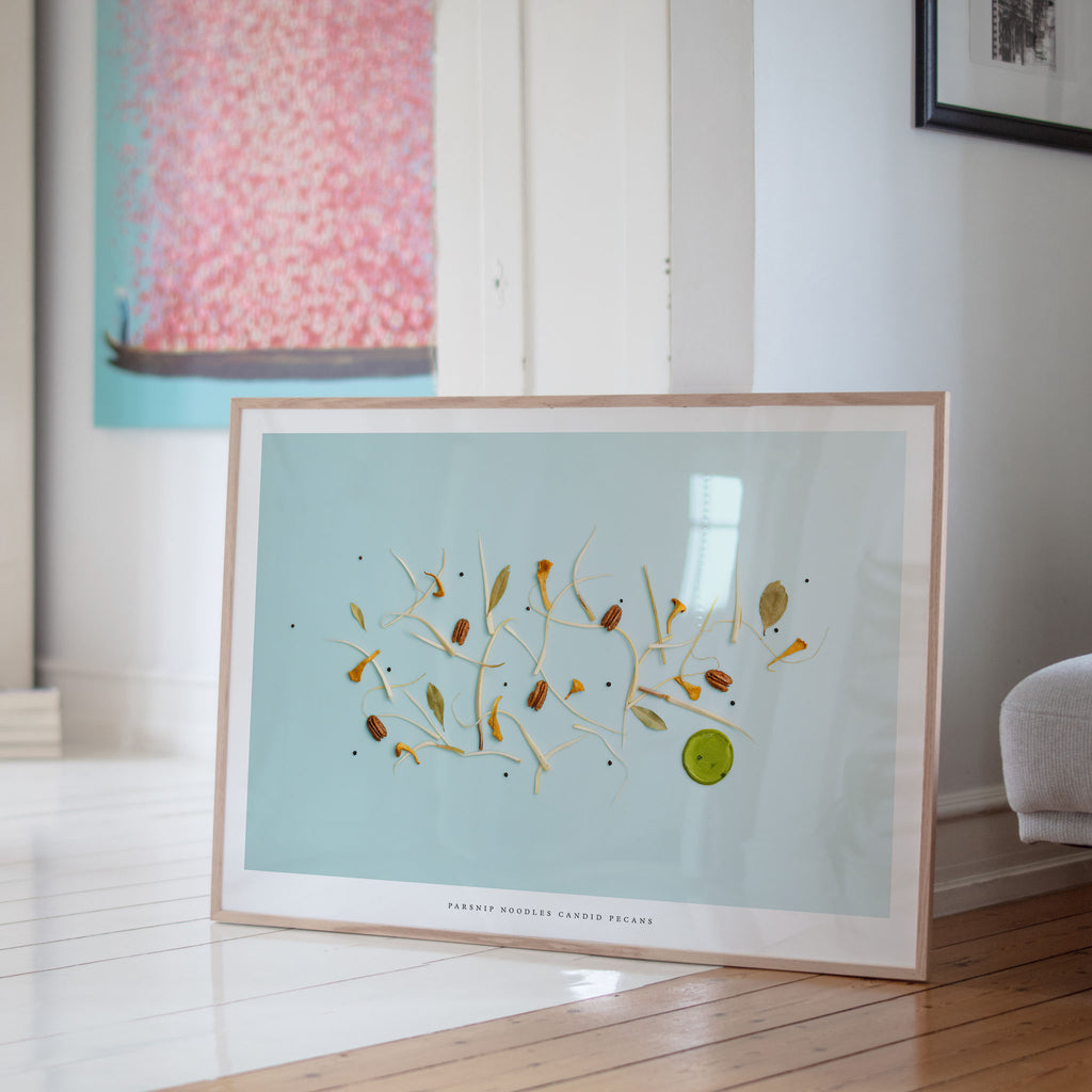 Parsnip Noodles art print on wooden floor in minimalist interior