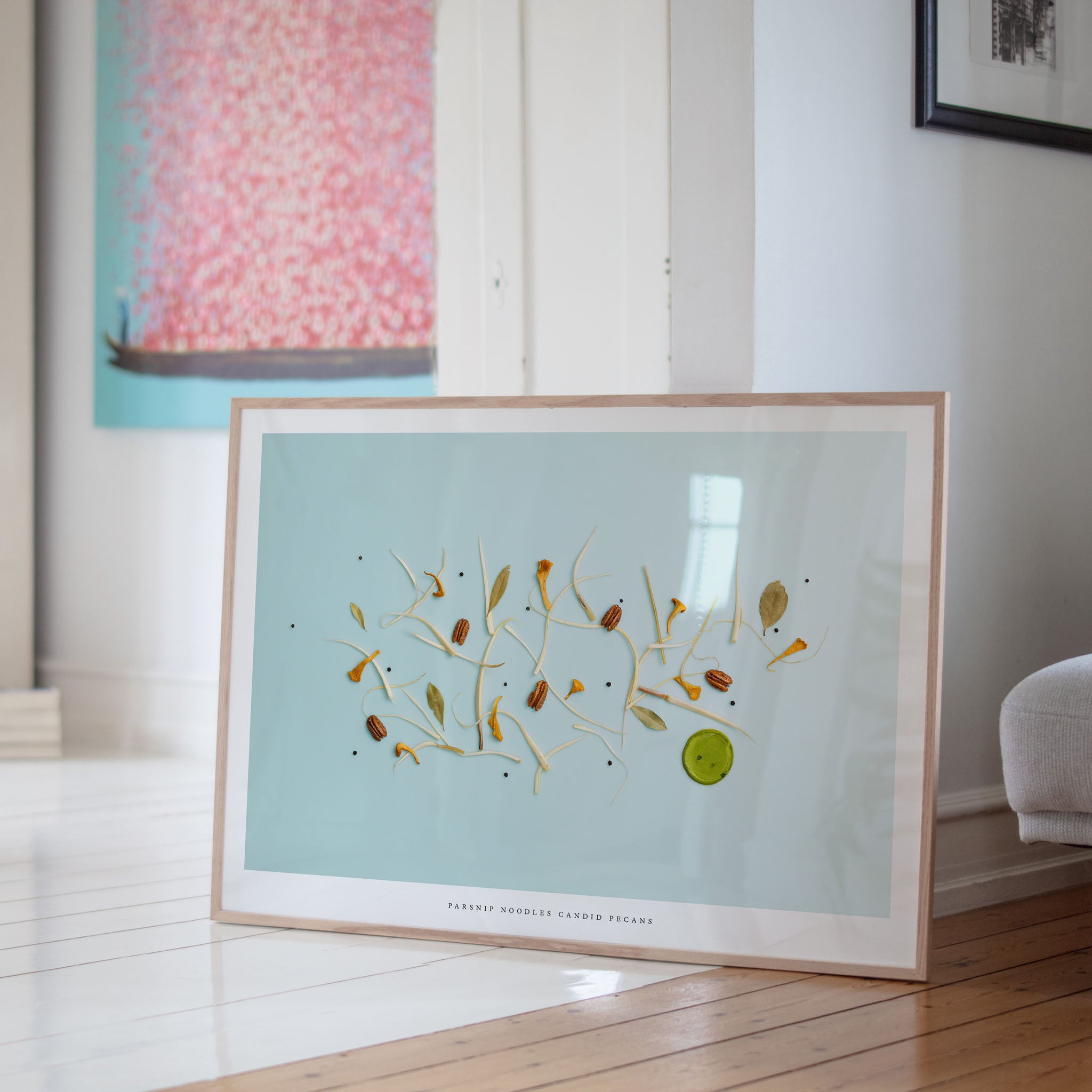 Parsnip Noodles art print on wooden floor in minimalist interior