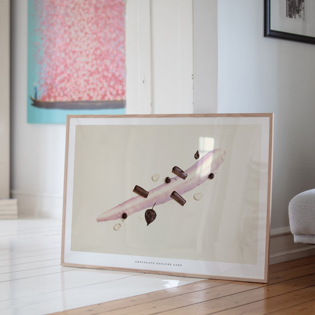 Chocolate Ganache Cake poster on white wall in minimalist interior