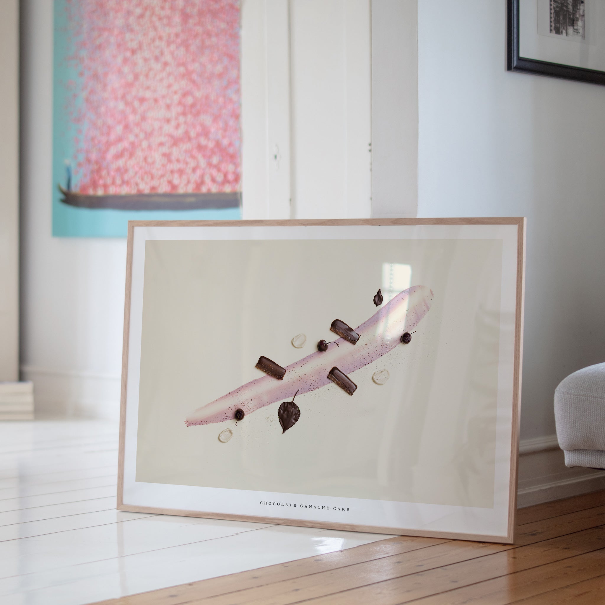 Chocolate Ganache Cake poster on white wall in minimalist interior