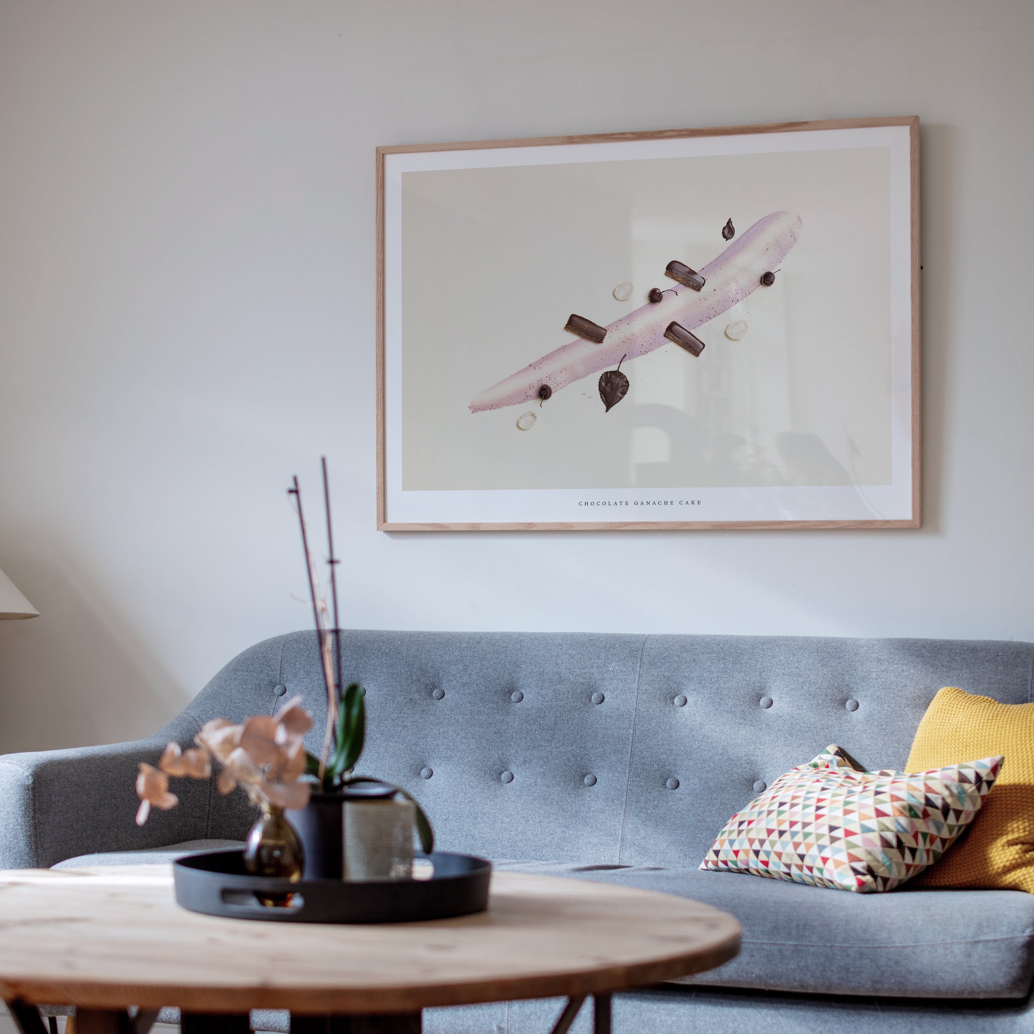 Chocolate Ganache Cake art print displayed in modern living room