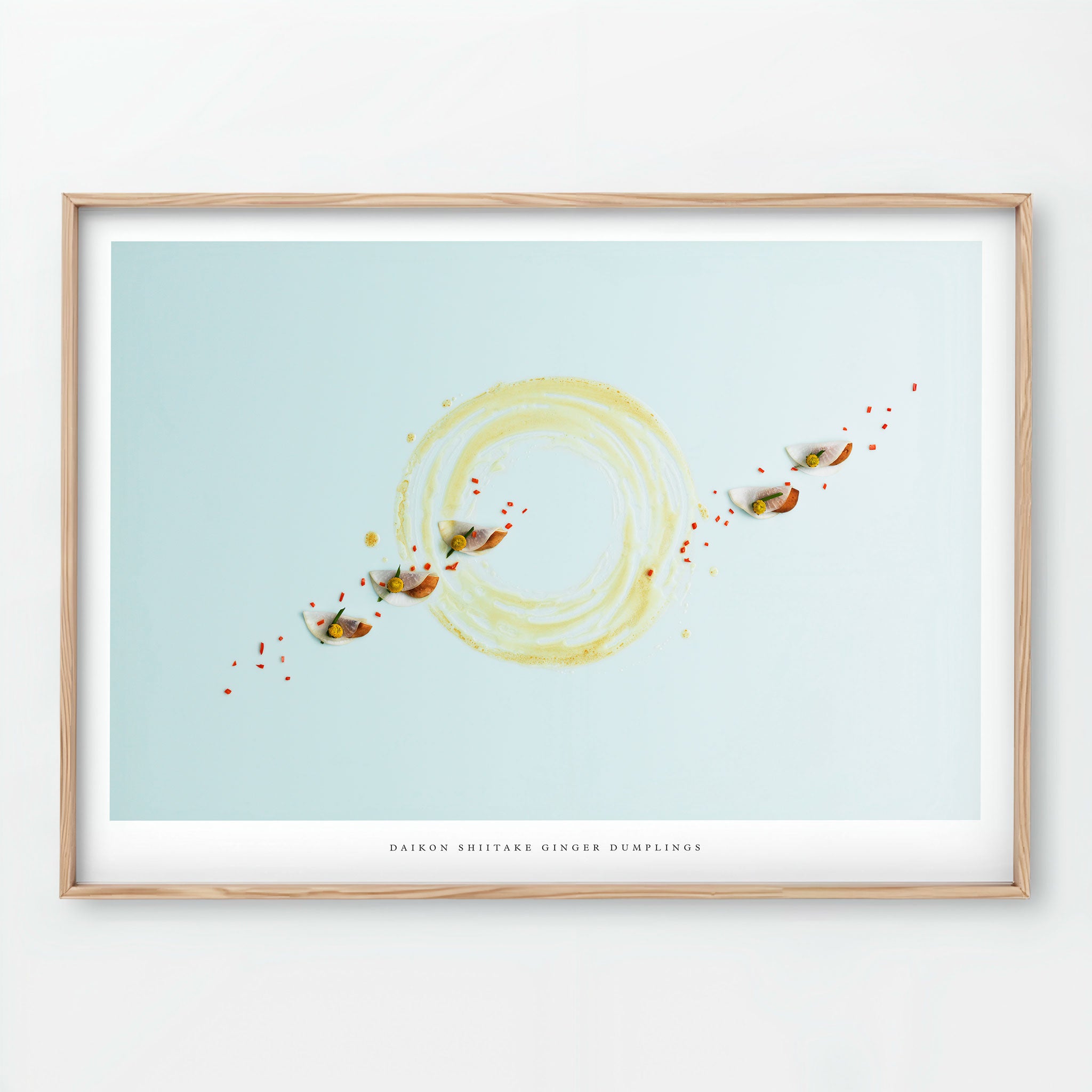 Daikon Shiitake Ginger Dumplings Giclée art print - food illustration on light blue background