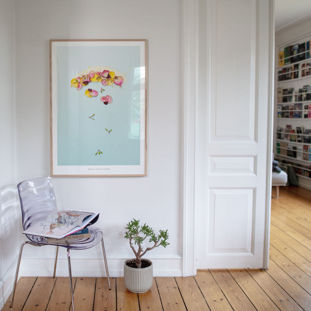 Beets Apple Dijon poster in minimalist room with chair and plant