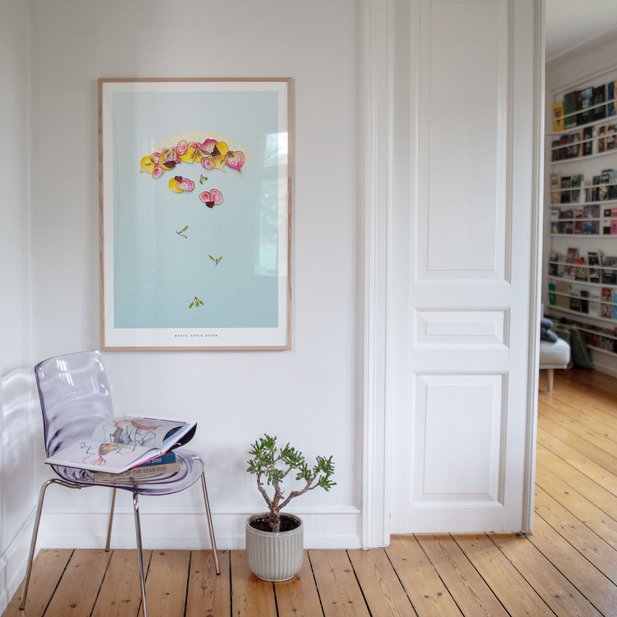 Beets Apple Dijon poster in minimalist room with chair and plant
