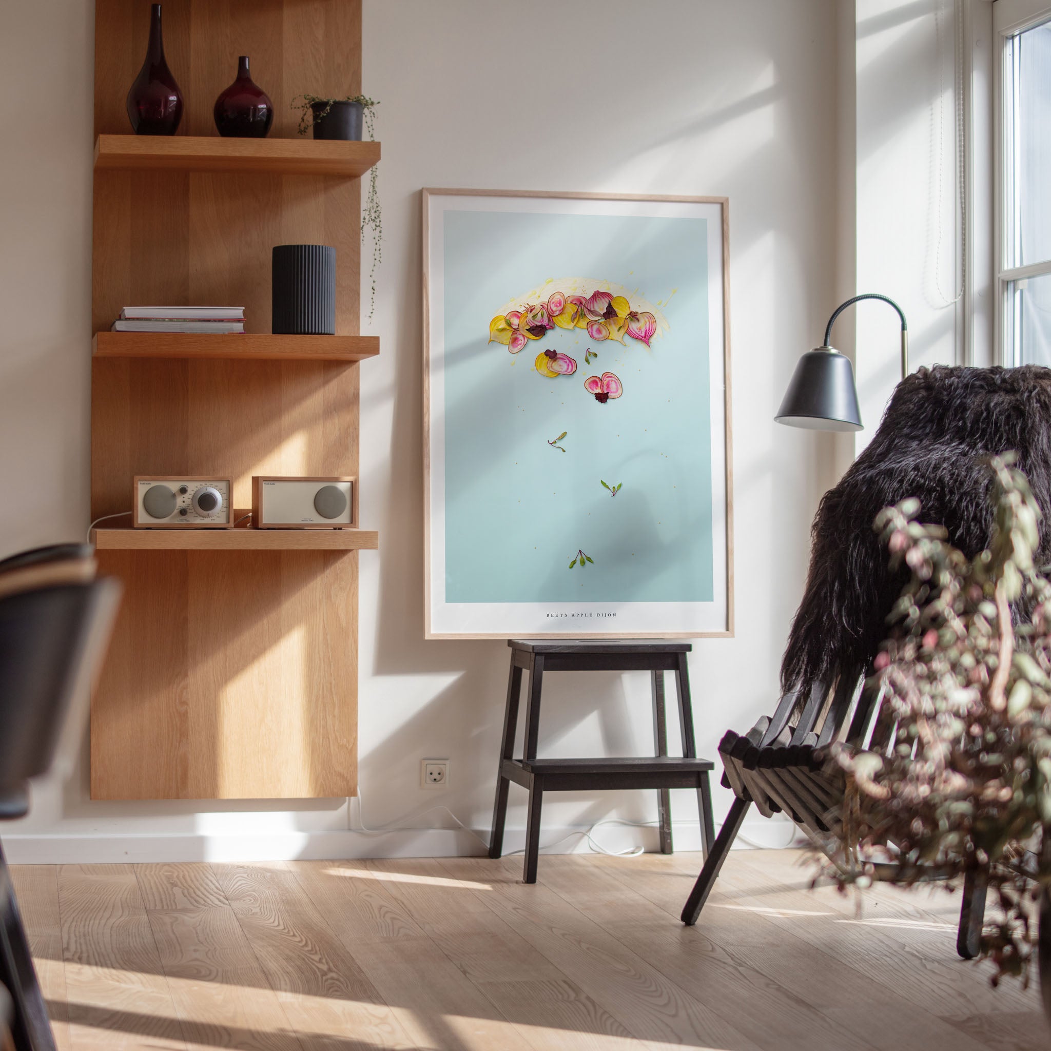 Beets Apple Dijon art print displayed in modern living room with wooden shelves