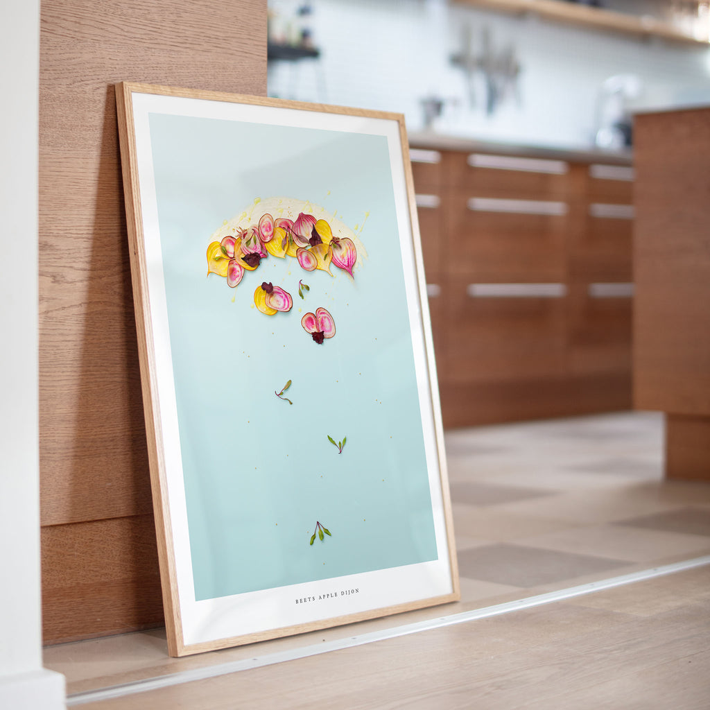 Beets Apple Dijon art print close-up leaning against a wooden surface
