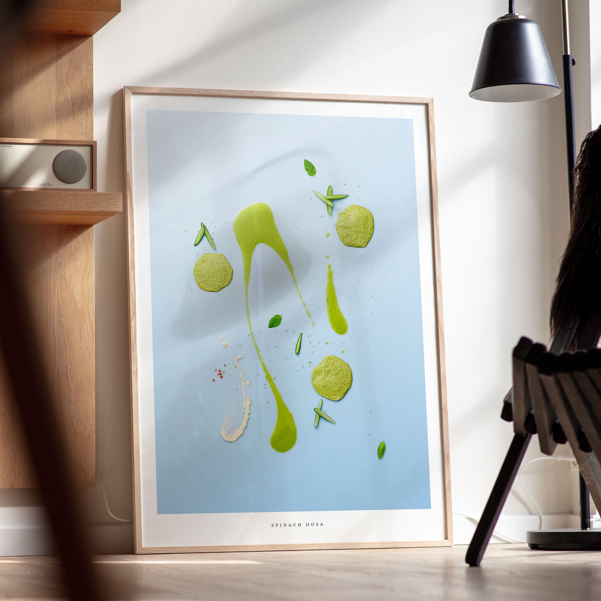 Spinach Dosa botanical art print with green and blue colors