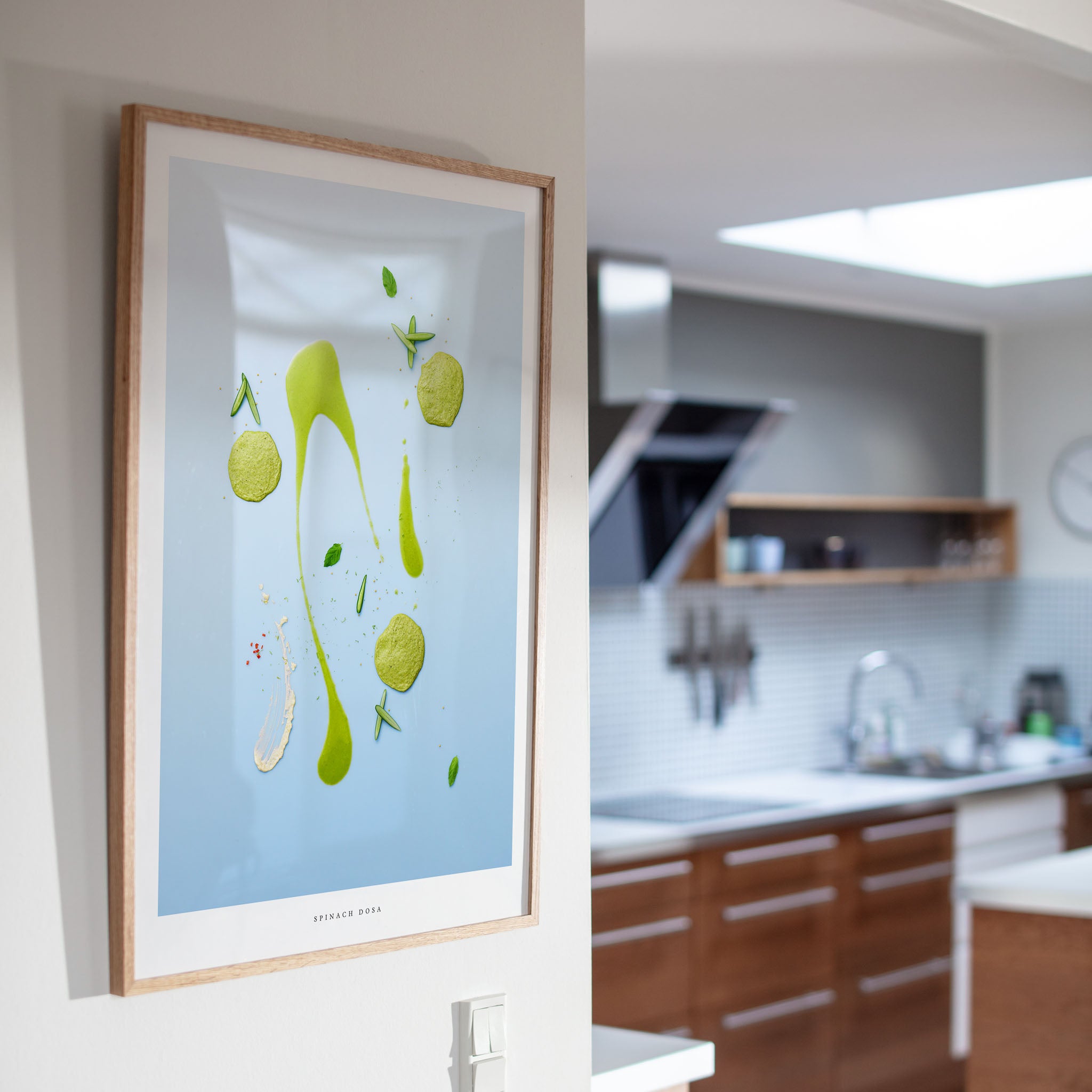 Spinach Dosa art print displayed in modern kitchen interior
