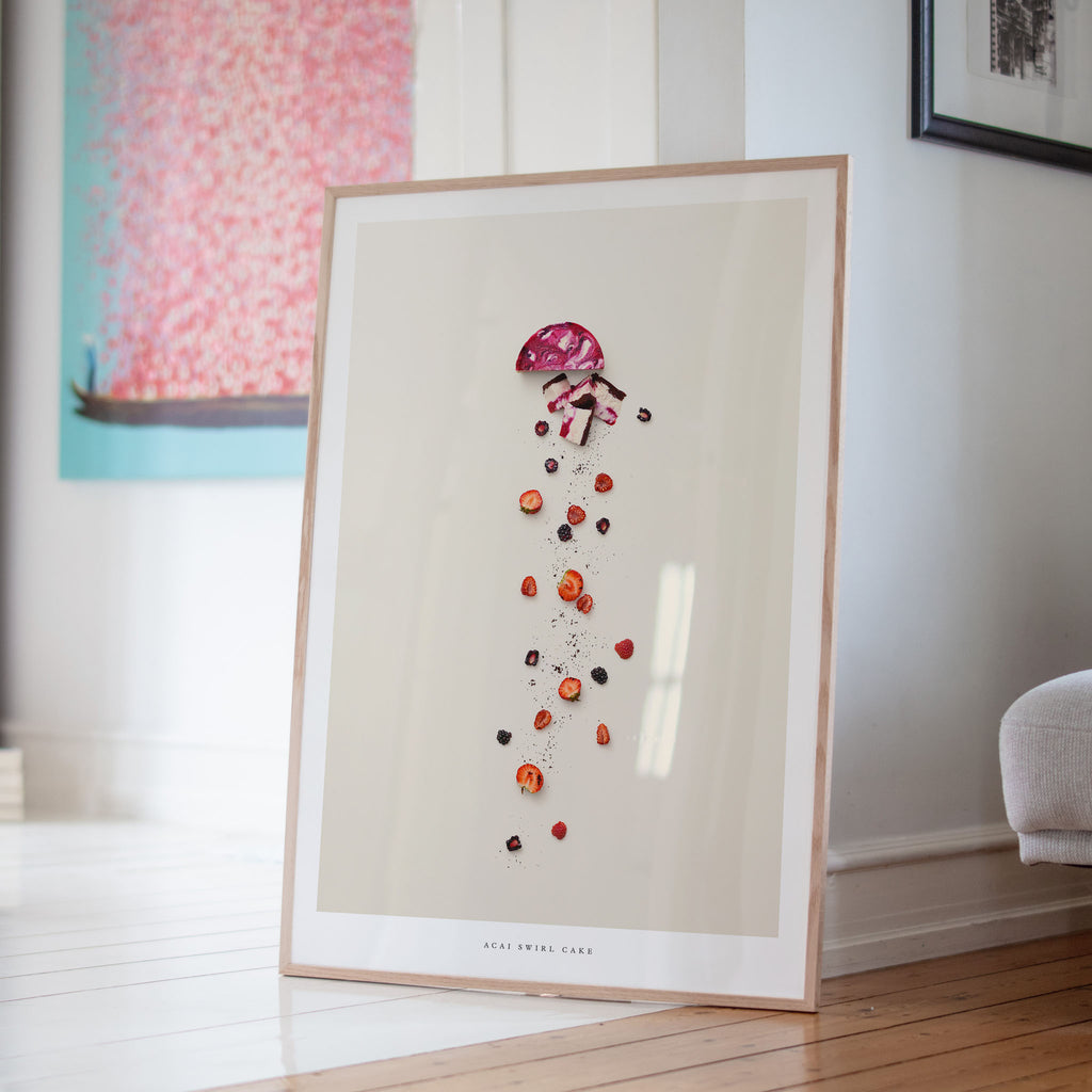 Acai Swirl Cake art print on the floor in white room