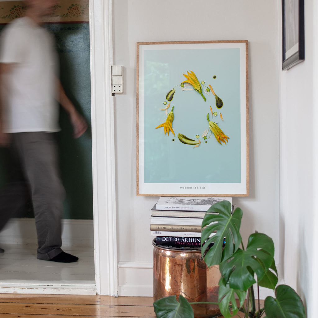 Zucchini Blossom art print with yellow flowers in modern interior