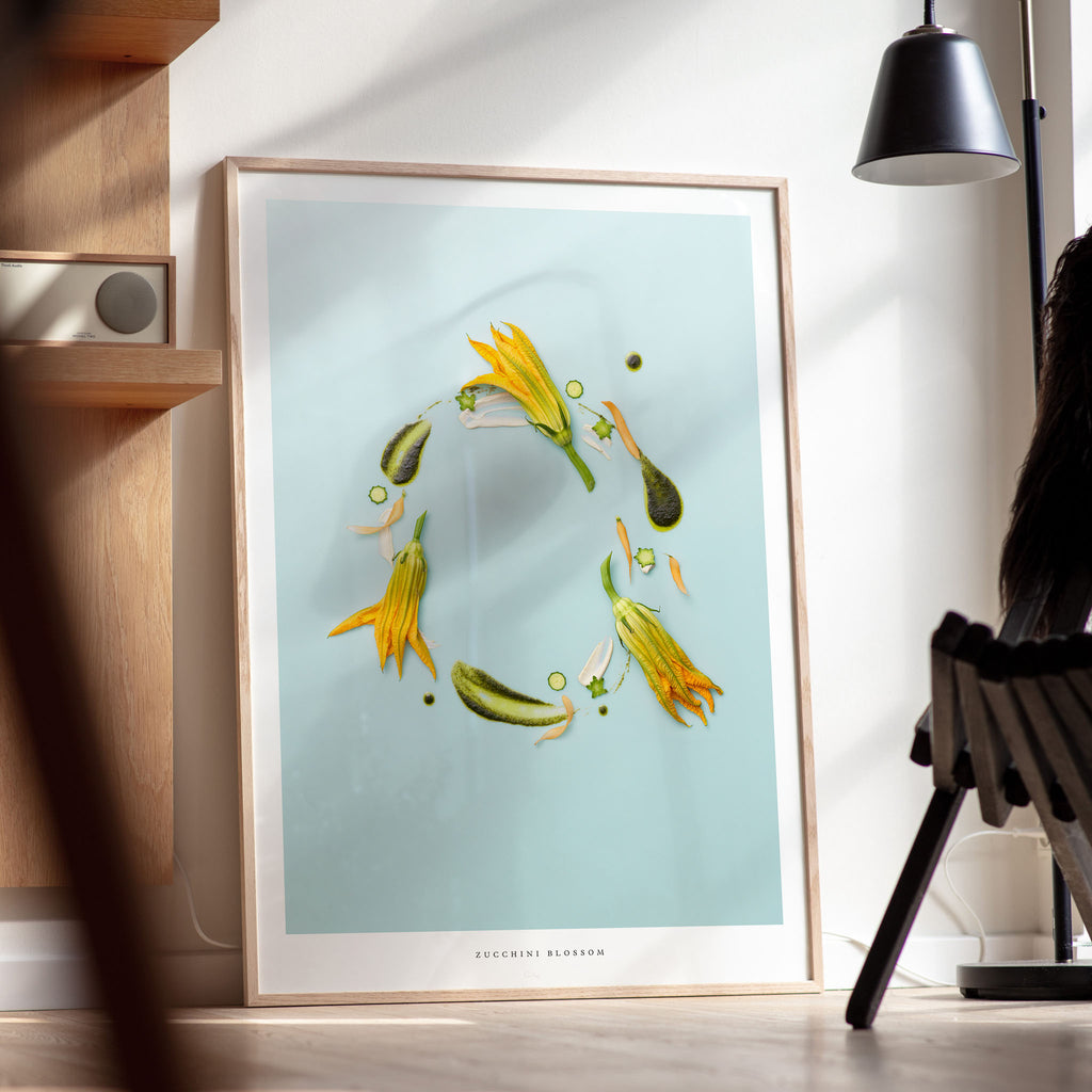 Zucchini Blossom art print displayed in bright room setting