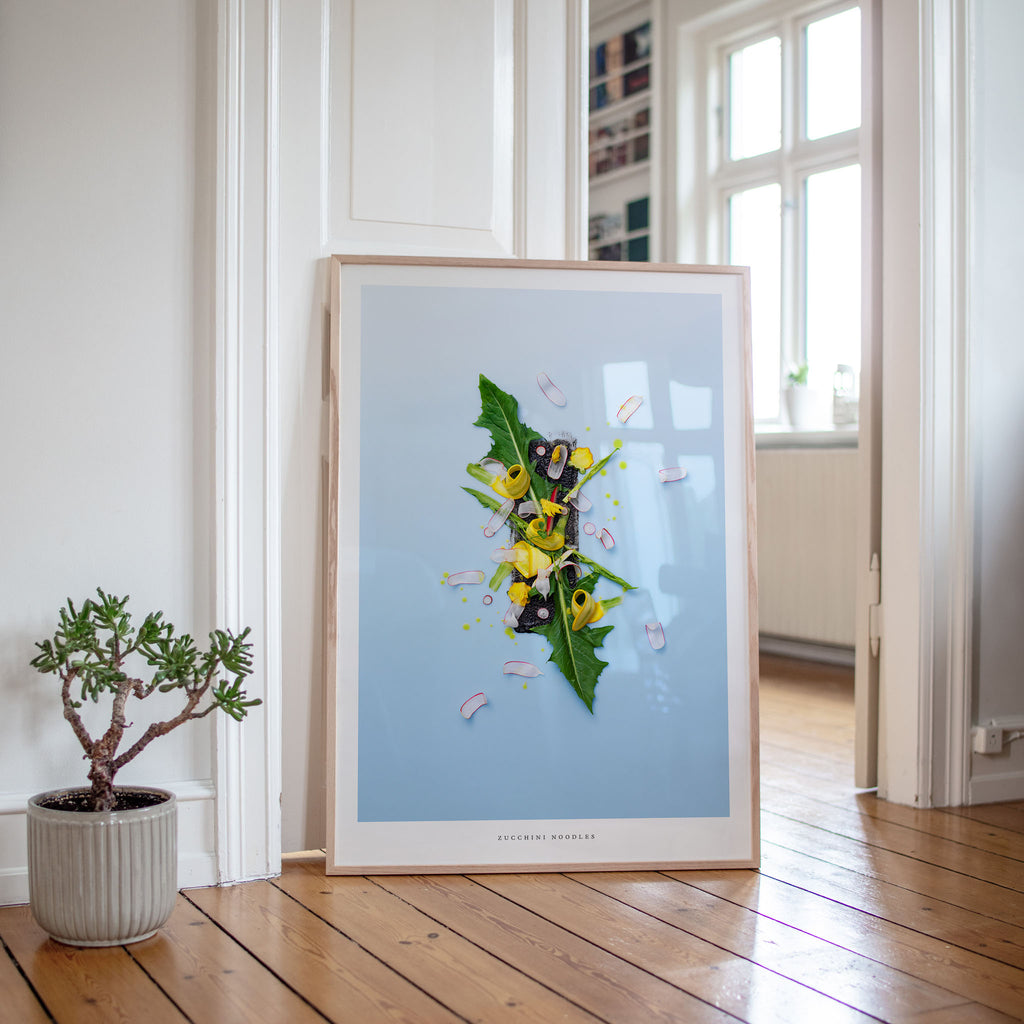 Zucchini Noodles botanical art print on wooden floor with plant