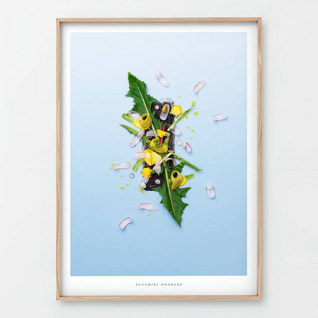 Zucchini Noodles Giclée art print - botanical vegetable illustration on light blue background