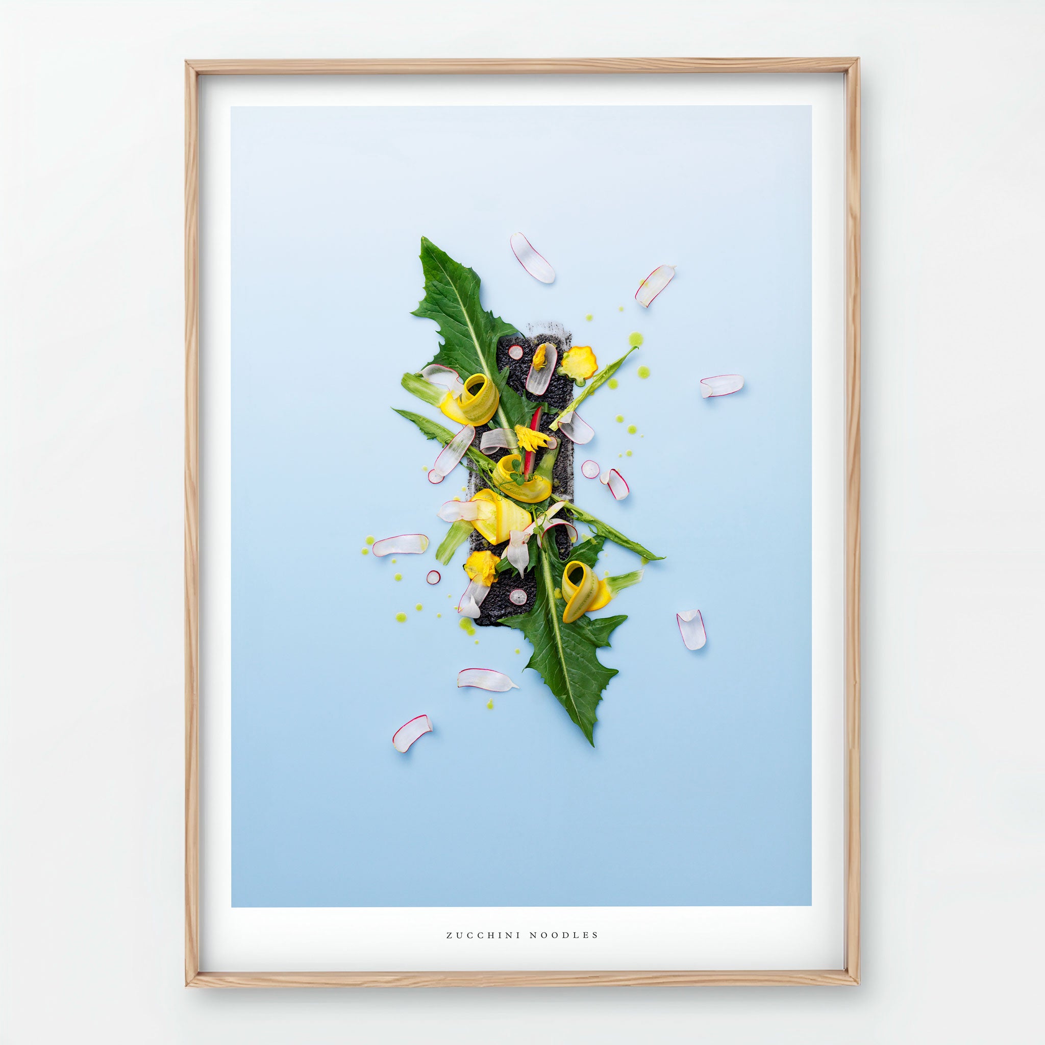 Zucchini Noodles Giclée art print - botanical vegetable illustration on light blue background