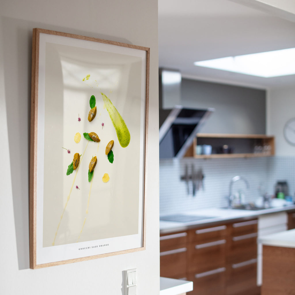 Gnocchi Orange Sage art print displayed in modern kitchen setting